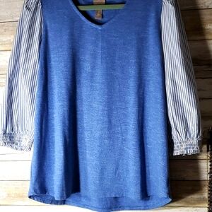 Chico's Blue Top with Striped Sleeves Sz 2 EUC